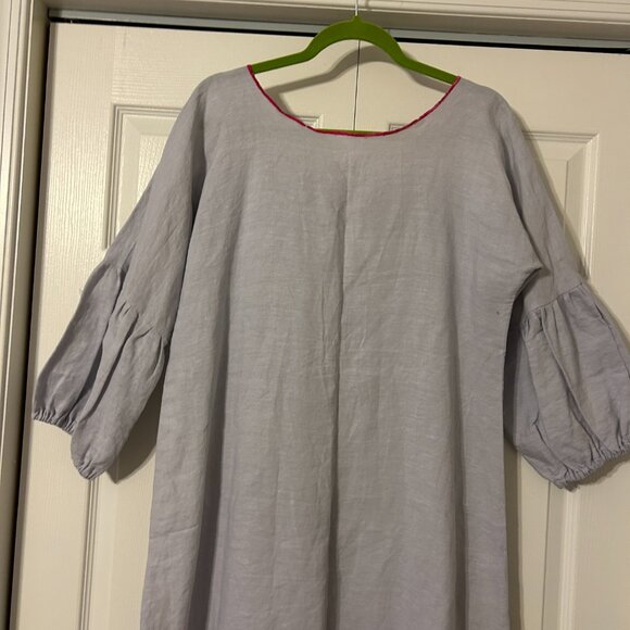 NINA LEUCA Sz XL Gray with Pink Trim 100% Linen 3/4 Sleeves Maxi Dress ITALY - Picture 8 of 8